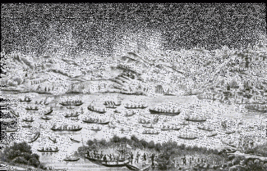 Зображення річкової битви біля Труханового острова на рисунку А. ван Вестерфельда – 1651 р.